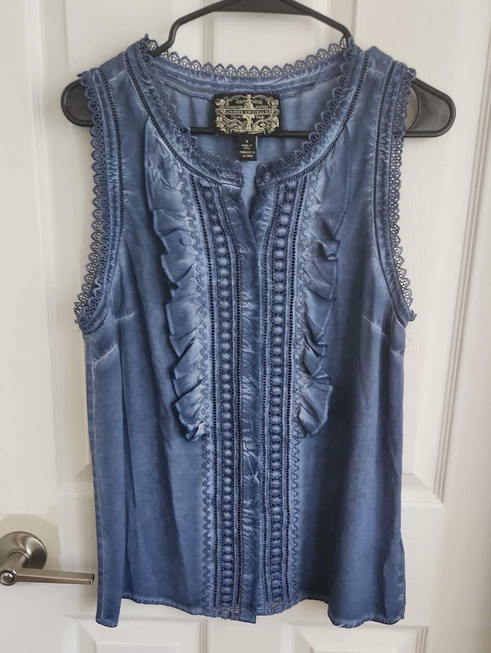 Anthropologie James Coviello Blue Ruffled Crochet-Trim Sleeveless Top NWOT
